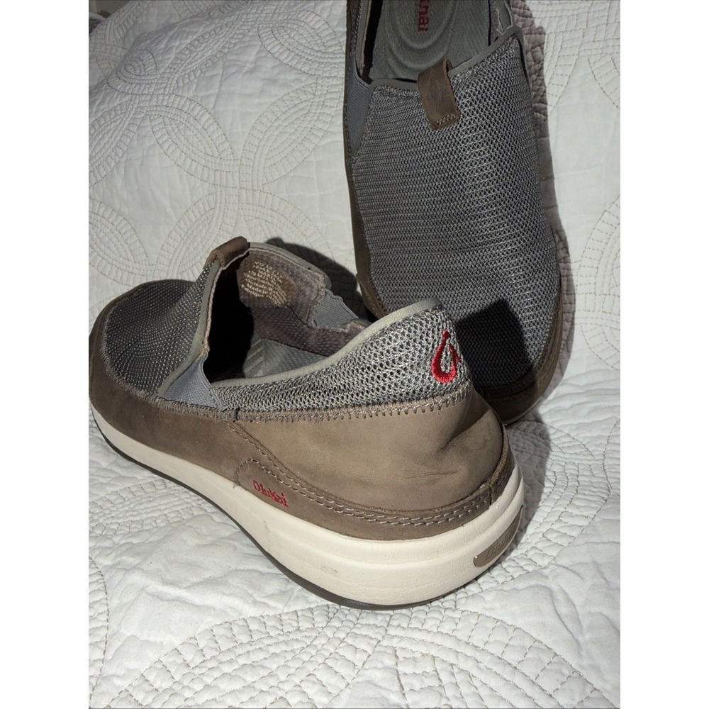 Olukai Makia Men's 12 Slip On‎ Loafer Gray Mesh Brown Leather Boat Shoes